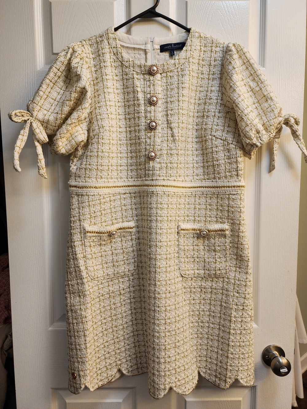 Simply Southern Cream Tweed Faux Pearl Mini Dress Puff Tie Sleeve Scallop Hem L